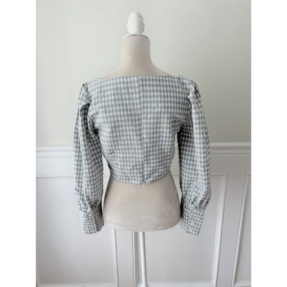 Gray Gingham Square Neck Puff Sleeve Blouse M Back Zip - Picture 3 of 4